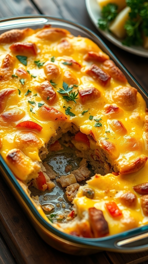 A baked breakfast casserole with cheese, vegetables, and sausage, served with fruit on a wooden table.
